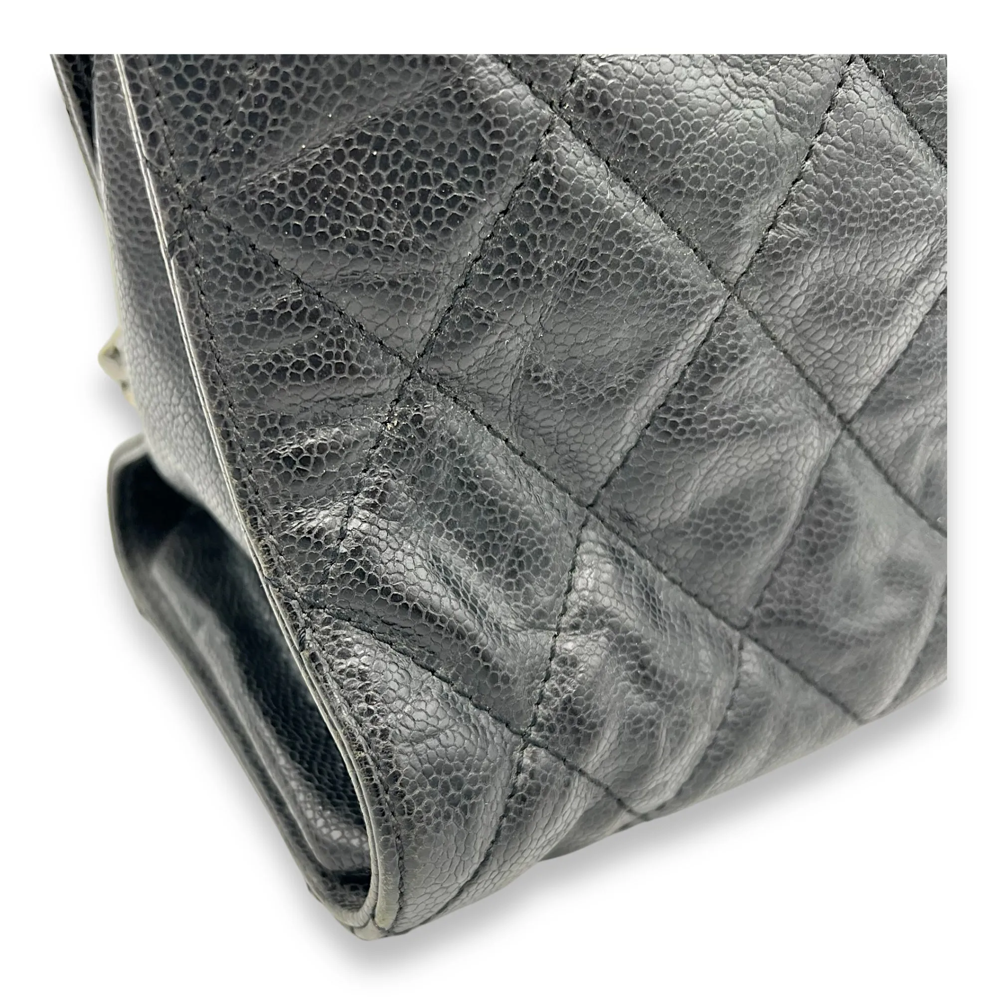 Quilted CC Black Shoulder Bag in Aged Caviar Leather, Ruthenium hardware