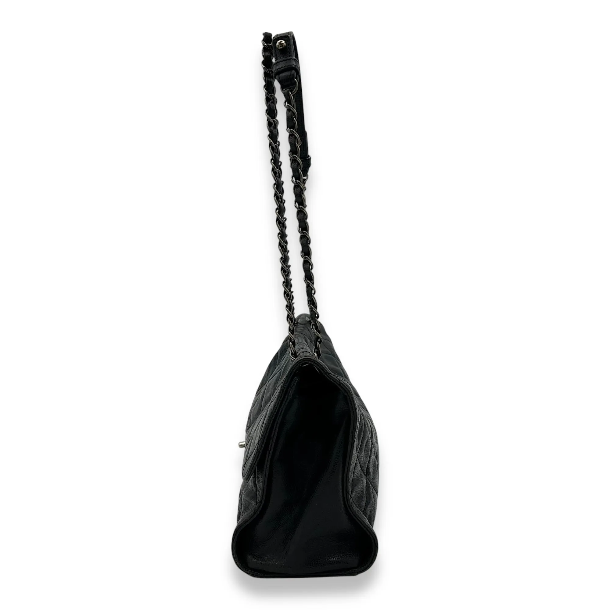 Quilted CC Black Shoulder Bag in Aged Caviar Leather, Ruthenium hardware