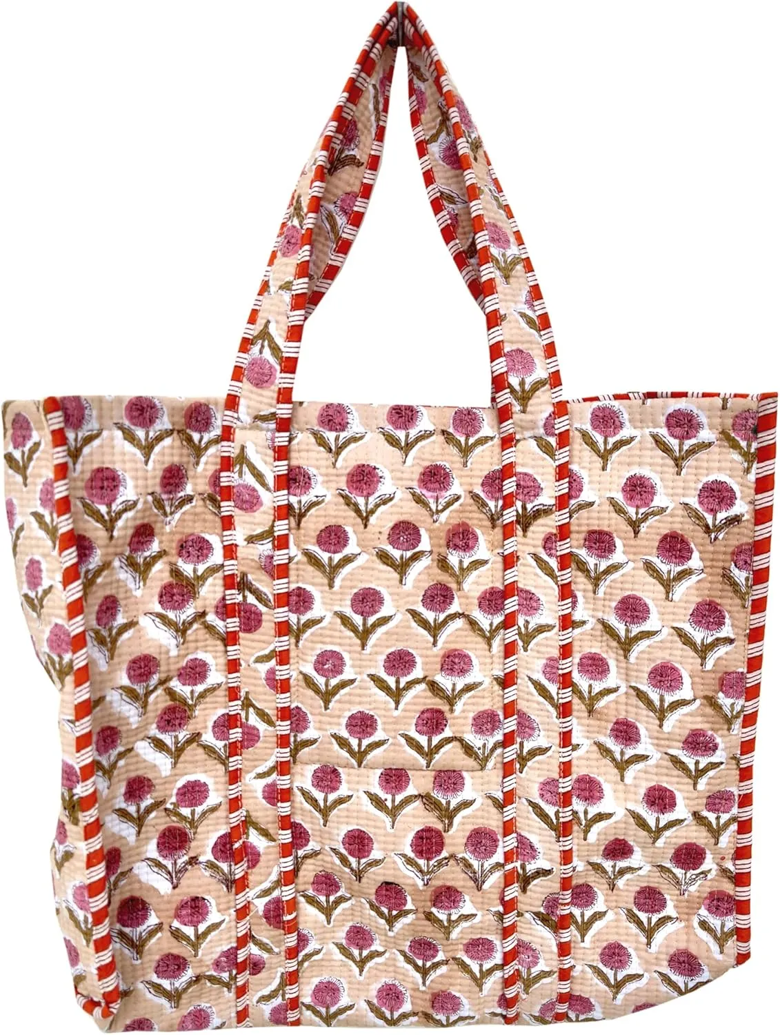 Quilted Cotton Handprinted Reversible Large multicolor Floral Tote Bag,Hand Block Print Shopping Shoulder Carry Bag