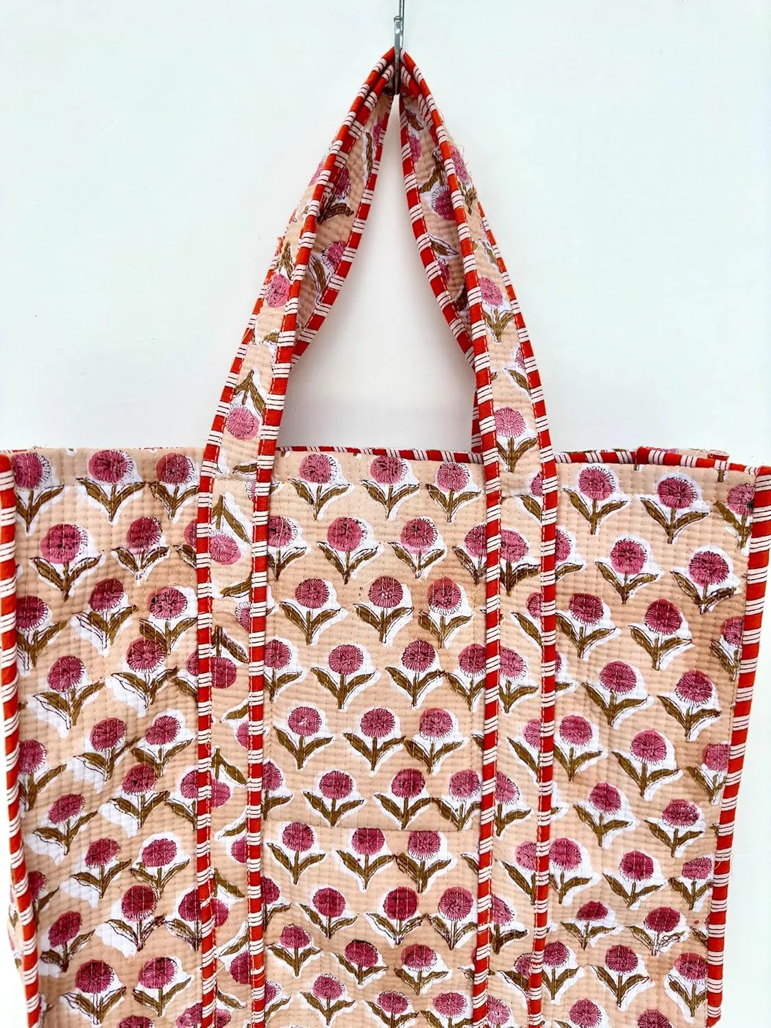 Quilted Cotton Handprinted Reversible Large multicolor Floral Tote Bag,Hand Block Print Shopping Shoulder Carry Bag