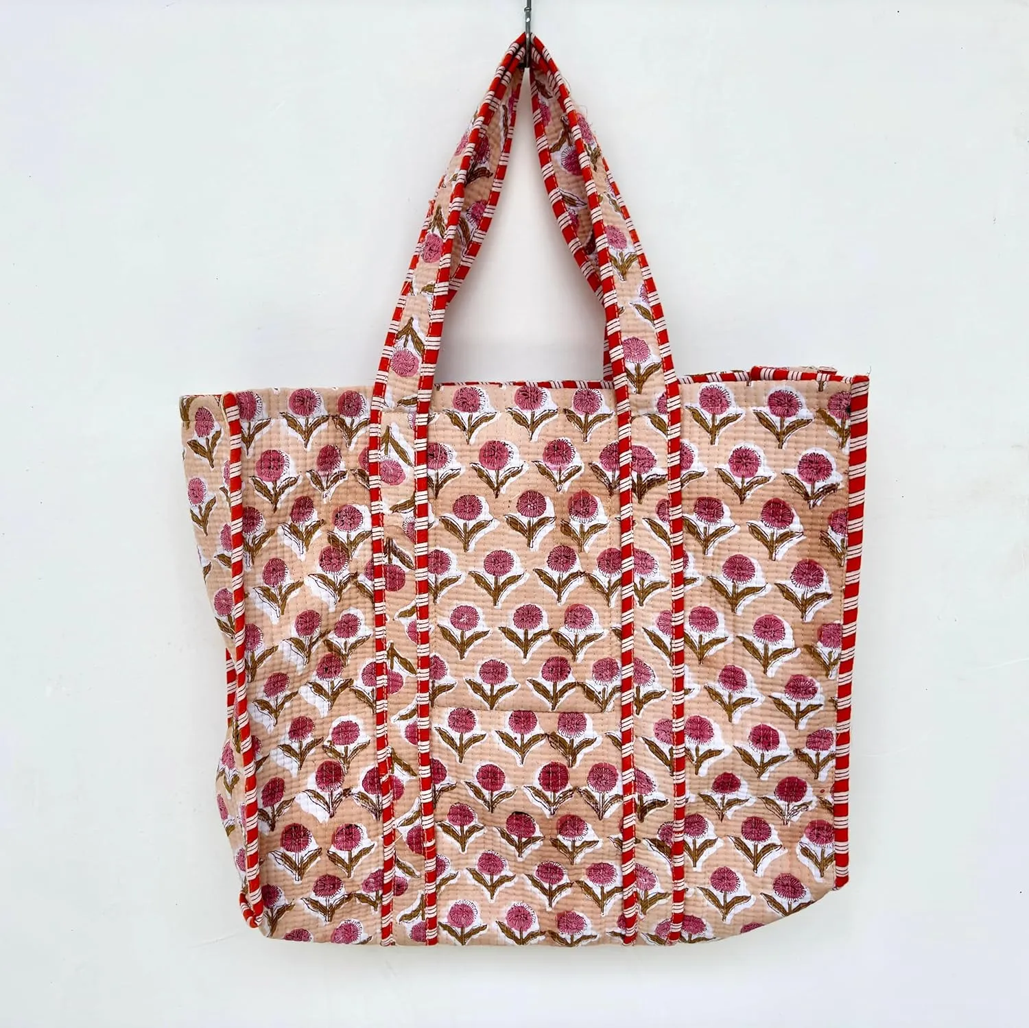 Quilted Cotton Handprinted Reversible Large multicolor Floral Tote Bag,Hand Block Print Shopping Shoulder Carry Bag
