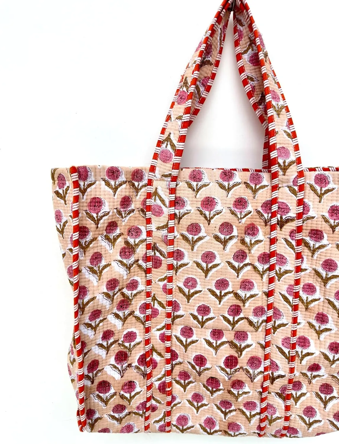 Quilted Cotton Handprinted Reversible Large multicolor Floral Tote Bag,Hand Block Print Shopping Shoulder Carry Bag