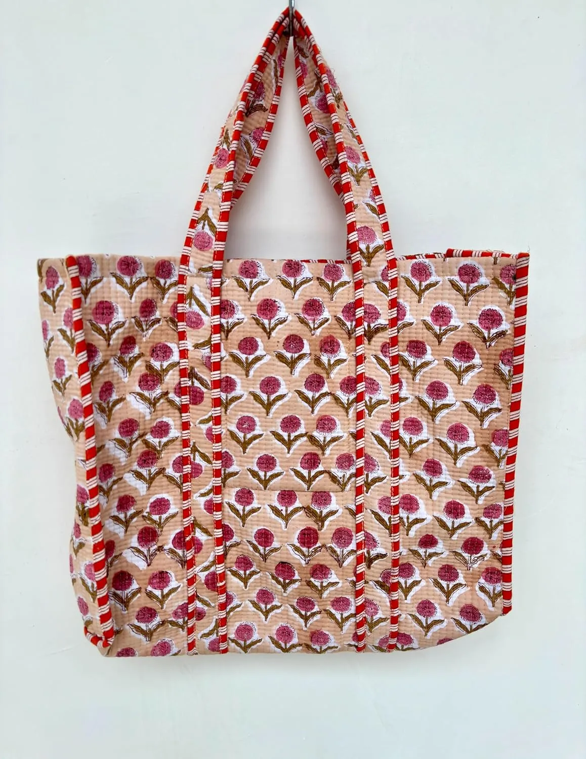 Quilted Cotton Handprinted Reversible Large multicolor Floral Tote Bag,Hand Block Print Shopping Shoulder Carry Bag