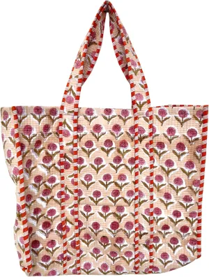 Quilted Cotton Handprinted Reversible Large multicolor Floral Tote Bag,Hand Block Print Shopping Shoulder Carry Bag