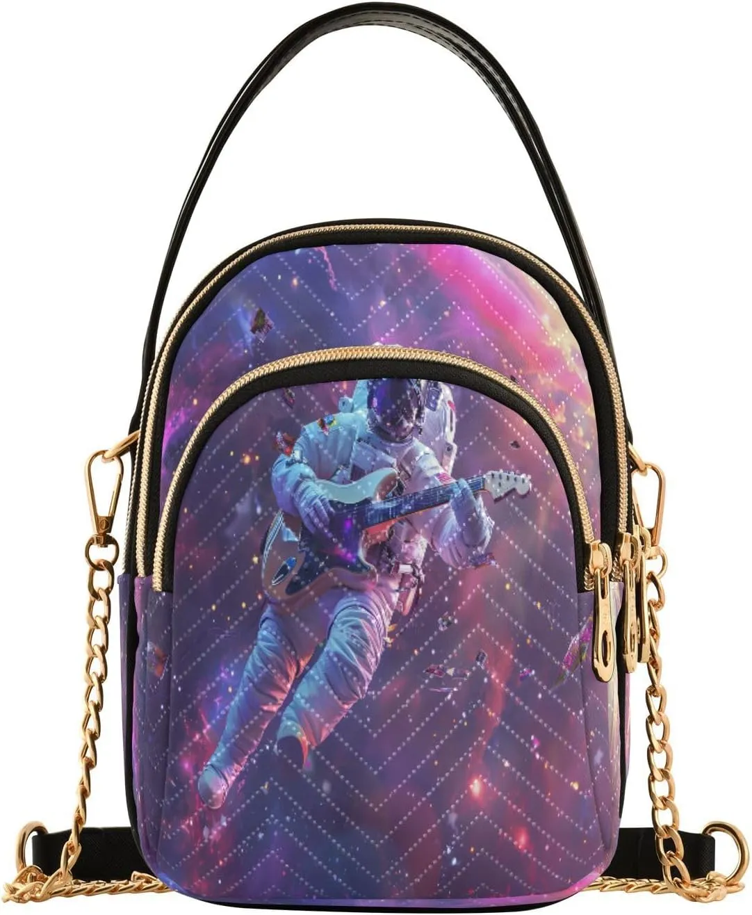 Quilted Crossbody Bags for Women,Cosmic Concert Imagine An Astronaut Playing Guitar Or Saxophone in Zero Gravity Women's Crossbody Handbags Small Travel Purses Phone Bag