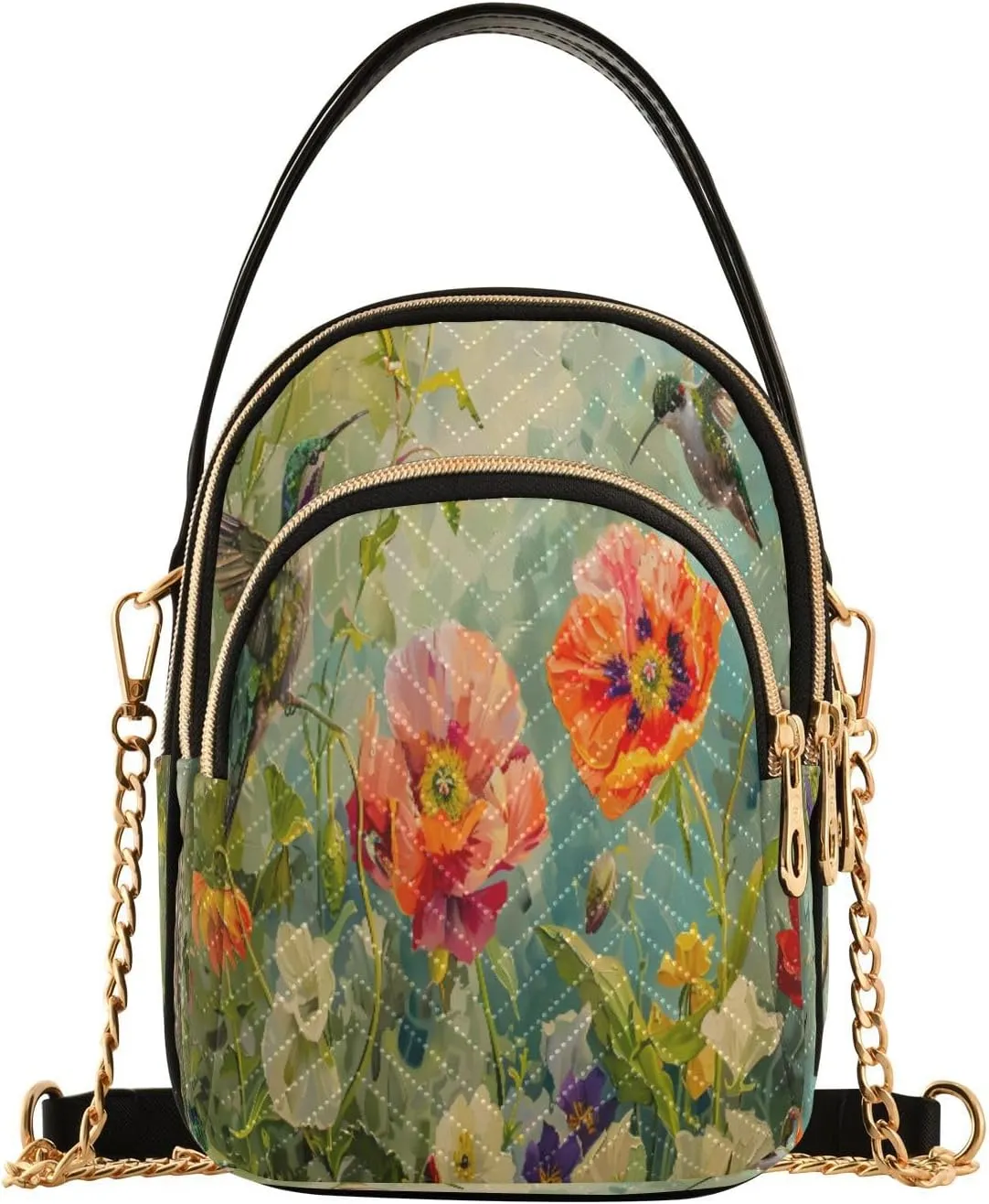 Quilted Crossbody Bags for Women,Garden Close-up Hummingbird Peony Lily California Poppy Bright Color Women's Crossbody Handbags Small Travel Purses Phone Bag