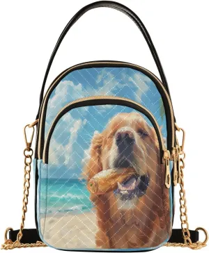 Quilted Crossbody Bags for Women,Golden Retriever Eating Sardines Beach Women's Crossbody Handbags Small Travel Purses Phone Bag