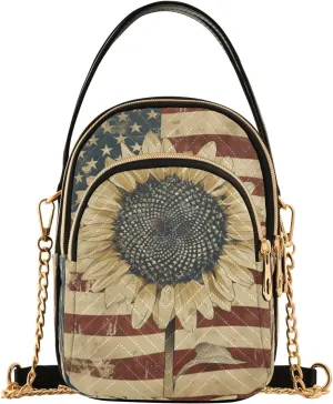 Quilted Crossbody Bags for Women,Illustration Of A Vintage Sunflower with American Part in Stars and Stripes in White Bue and Red Col Women's Crossbody Handbags Small Travel Purses Phone Bag