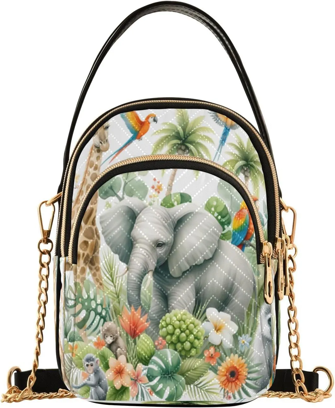 Quilted Crossbody Bags for Women,Watercolor Composition with African Animals and Natural Elements Women's Crossbody Handbags Small Travel Purses Phone Bag