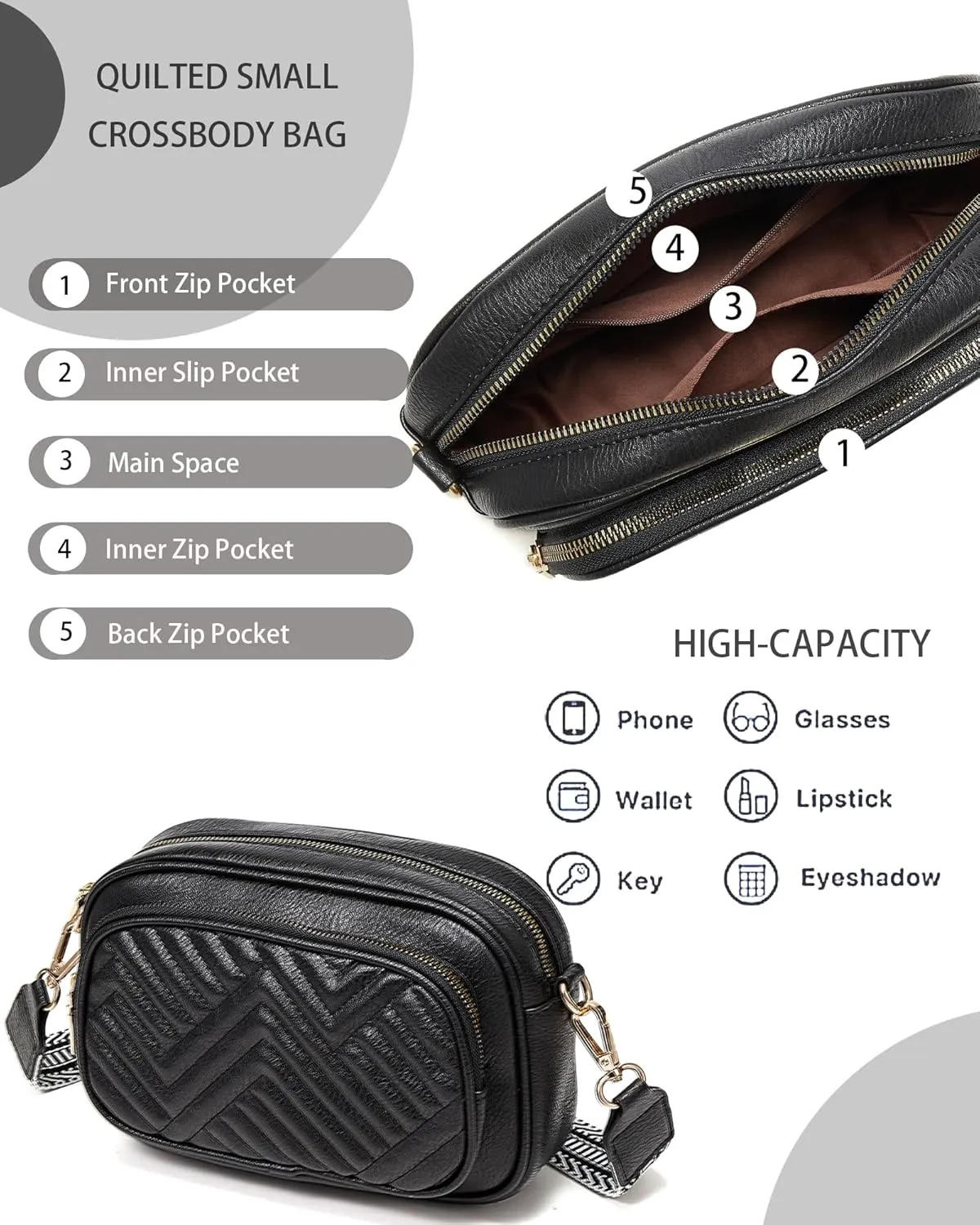 Quilted Crossbody Bags Purse for Women Small Vegan Leather Shoulder Handbags Purses with Two Straps