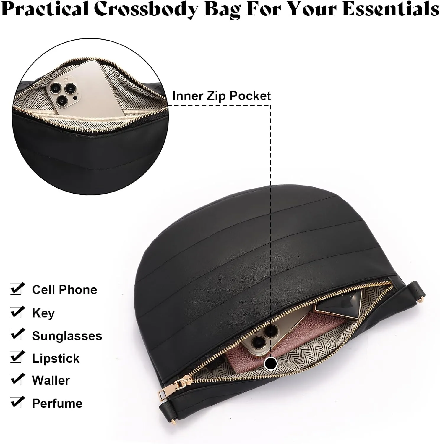 Quilted Puffer Leather Belt Bag for Women Puffer Crossbody Bags Puffy Sling Belt Bag Fanny Pack Bum Waist Chest Shoulder Bag for Women-Black