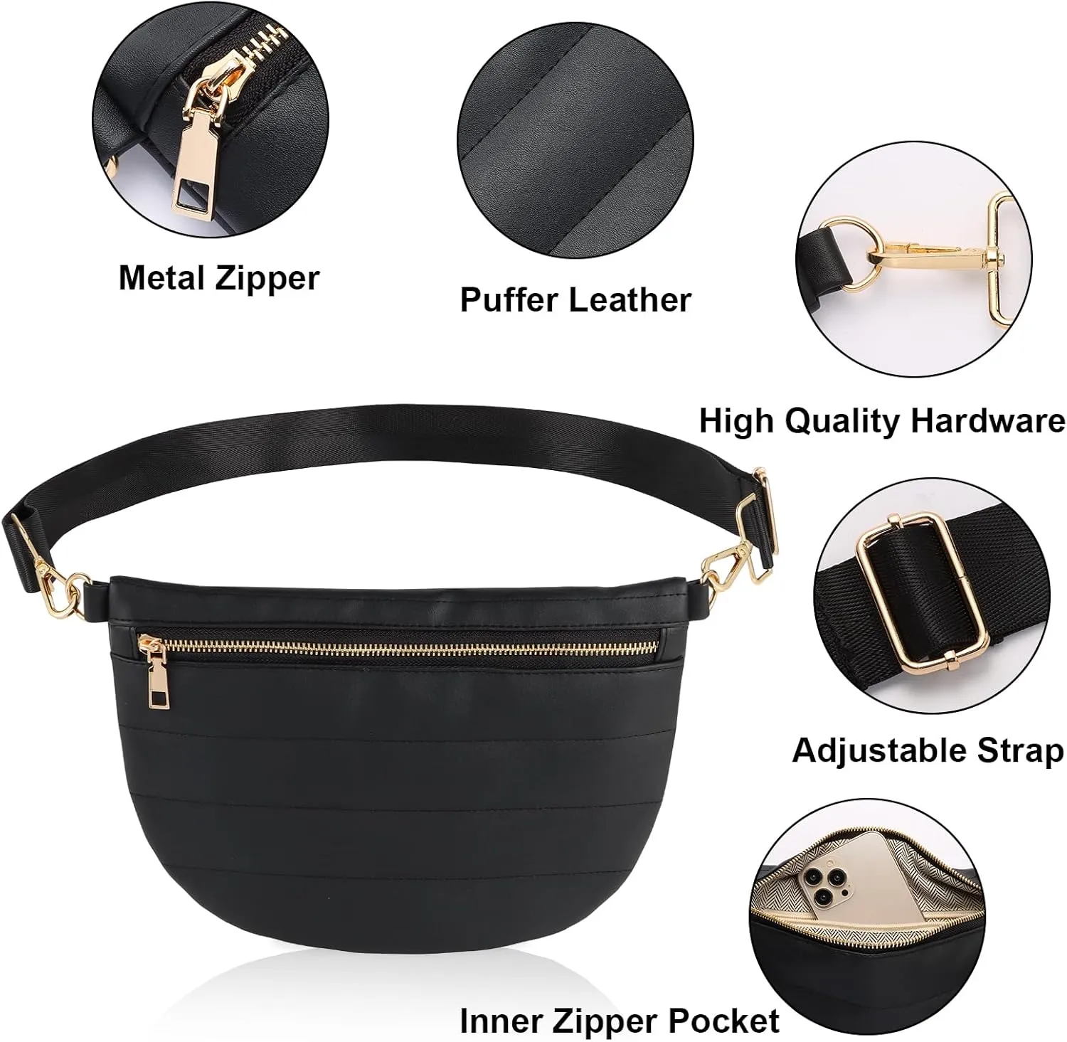 Quilted Puffer Leather Belt Bag for Women Puffer Crossbody Bags Puffy Sling Belt Bag Fanny Pack Bum Waist Chest Shoulder Bag for Women-Black