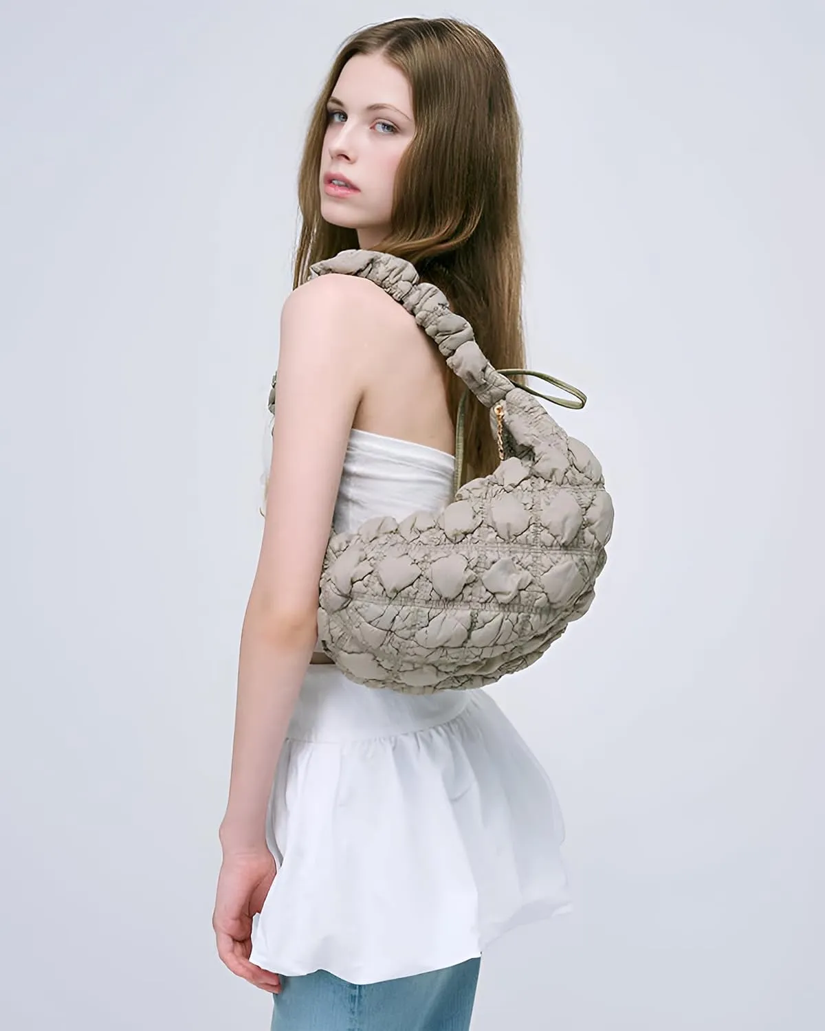 Quilted Puffer Shoulder Bag for Women Crossbody Bags Purse Handbag Carryall Adjustable Crescent Dumpling Sling Bag