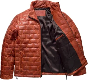 Quilted Real Lambskin Leather Puffer Jacket, Rust Orange, Zip-Up, Hooded