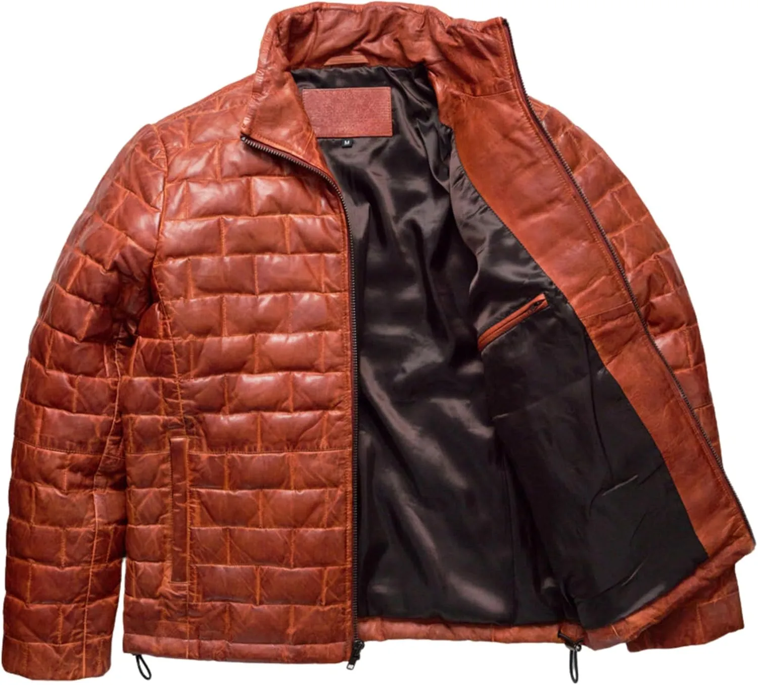 Quilted Real Lambskin Leather Puffer Jacket, Rust Orange, Zip-Up, Hooded