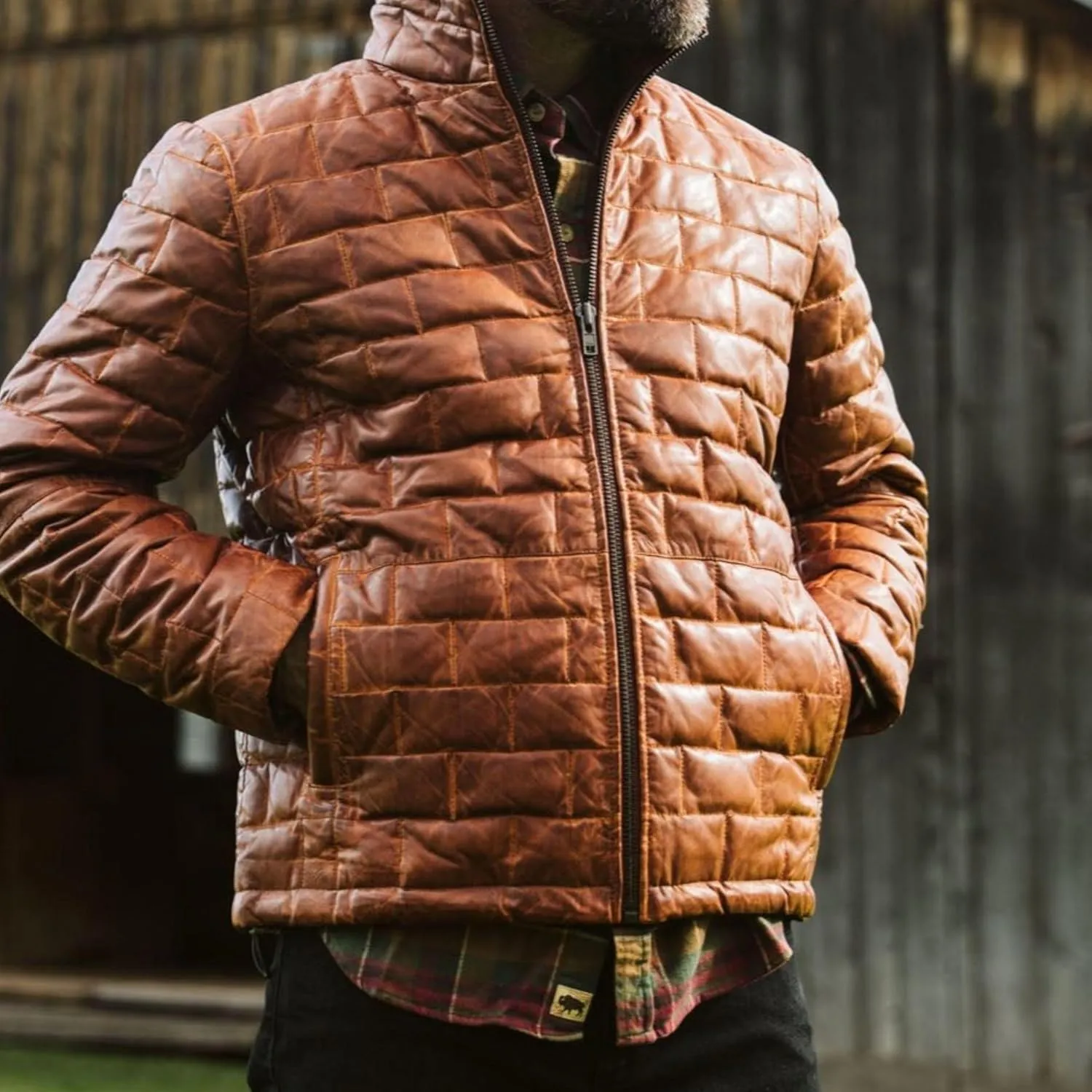 Quilted Real Lambskin Leather Puffer Jacket, Rust Orange, Zip-Up, Hooded