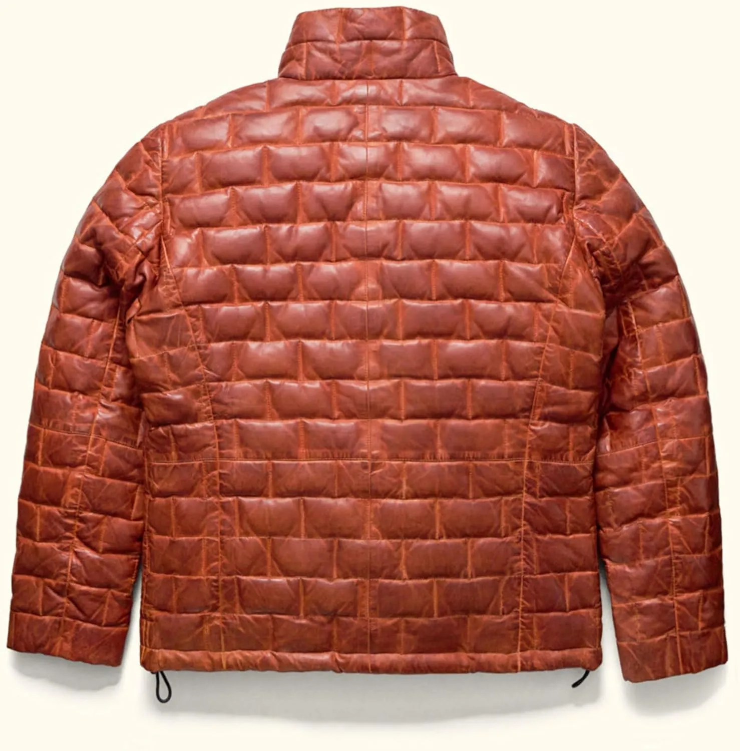 Quilted Real Lambskin Leather Puffer Jacket, Rust Orange, Zip-Up, Hooded
