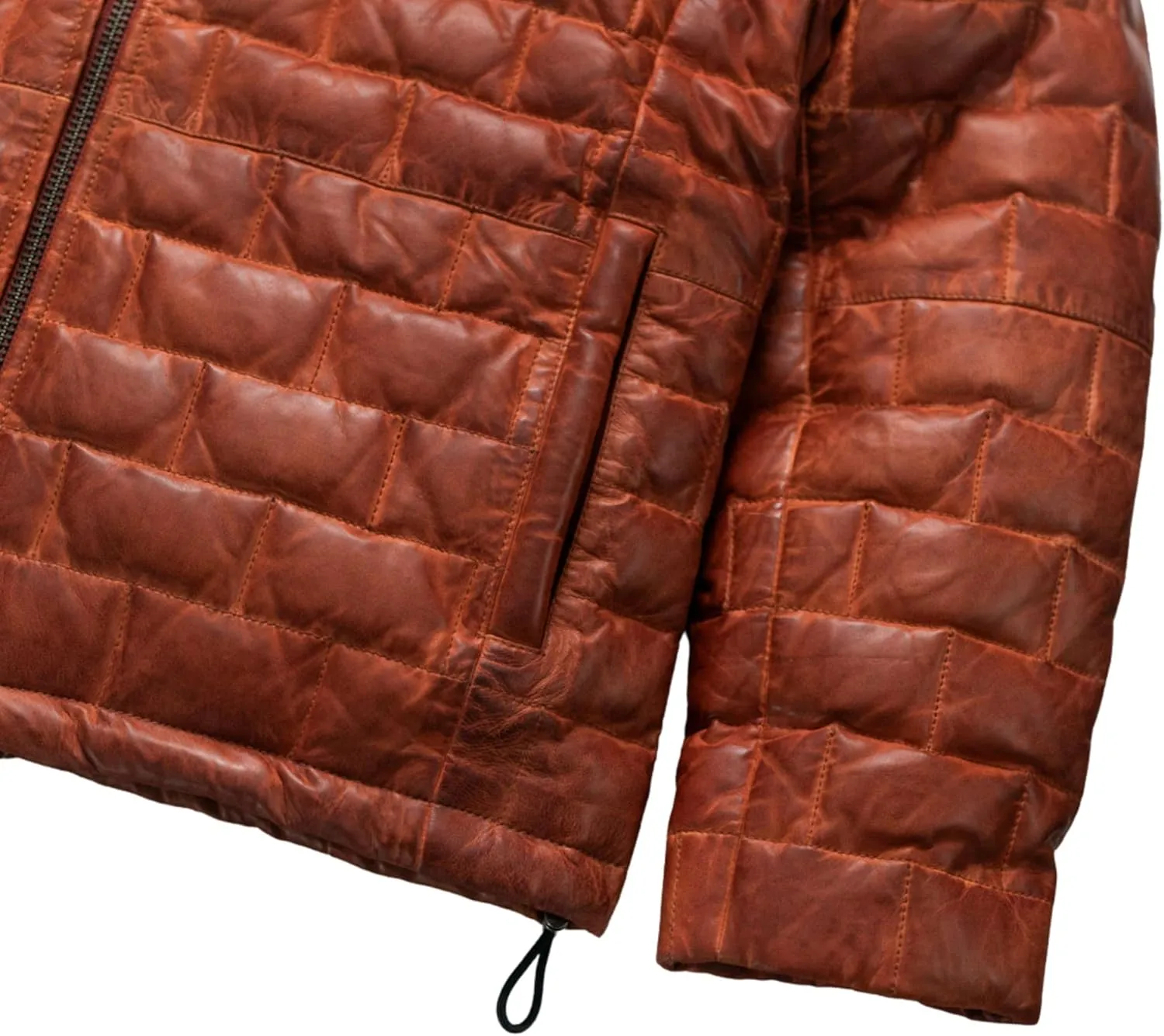Quilted Real Lambskin Leather Puffer Jacket, Rust Orange, Zip-Up, Hooded