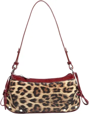 QWINEE Women's Leopard Print Studded Clutch Shoulder Bag Bow Zipper Adjustable Strap Y2k Underarm Bag