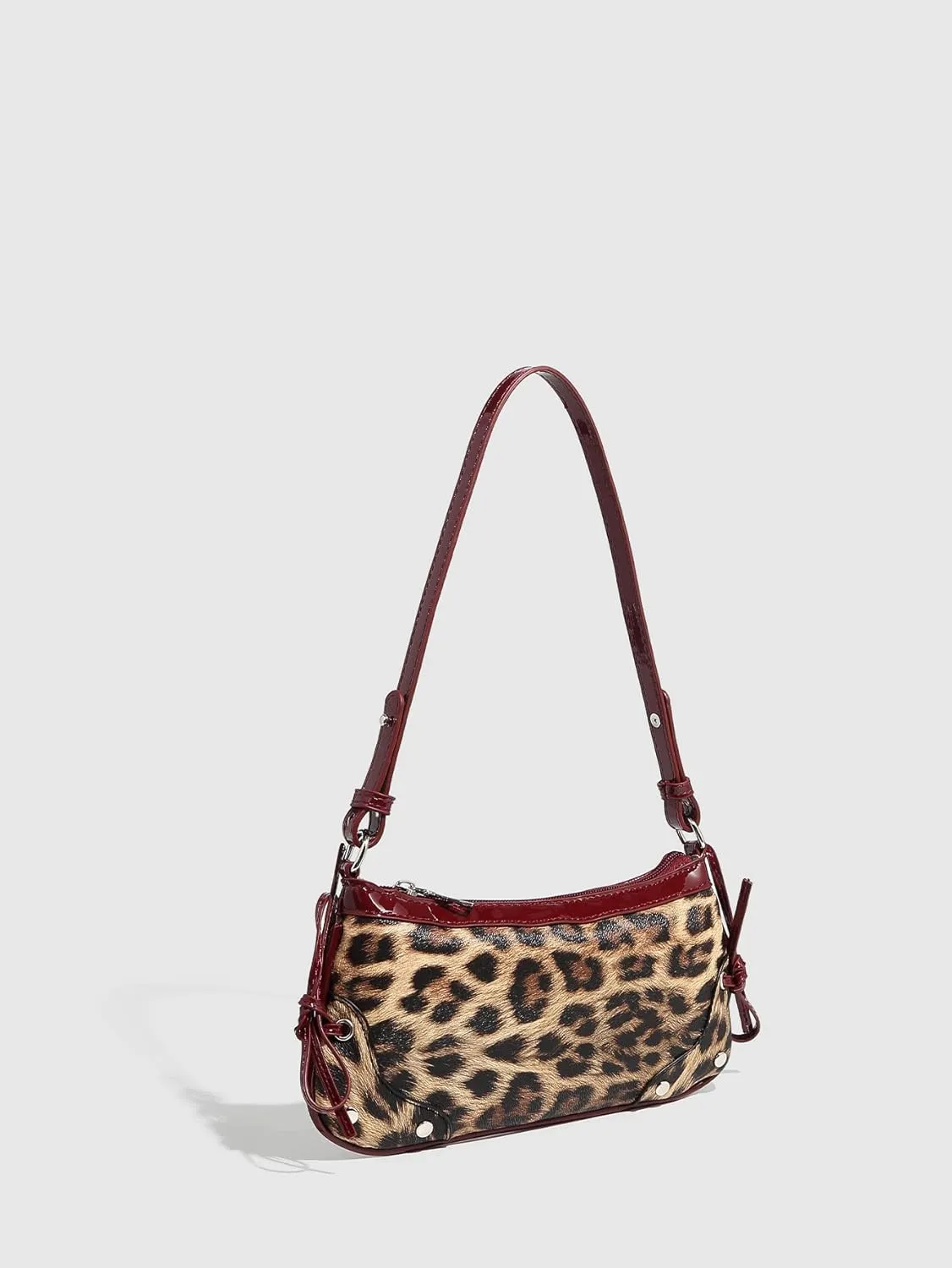 QWINEE Women's Leopard Print Studded Clutch Shoulder Bag Bow Zipper Adjustable Strap Y2k Underarm Bag