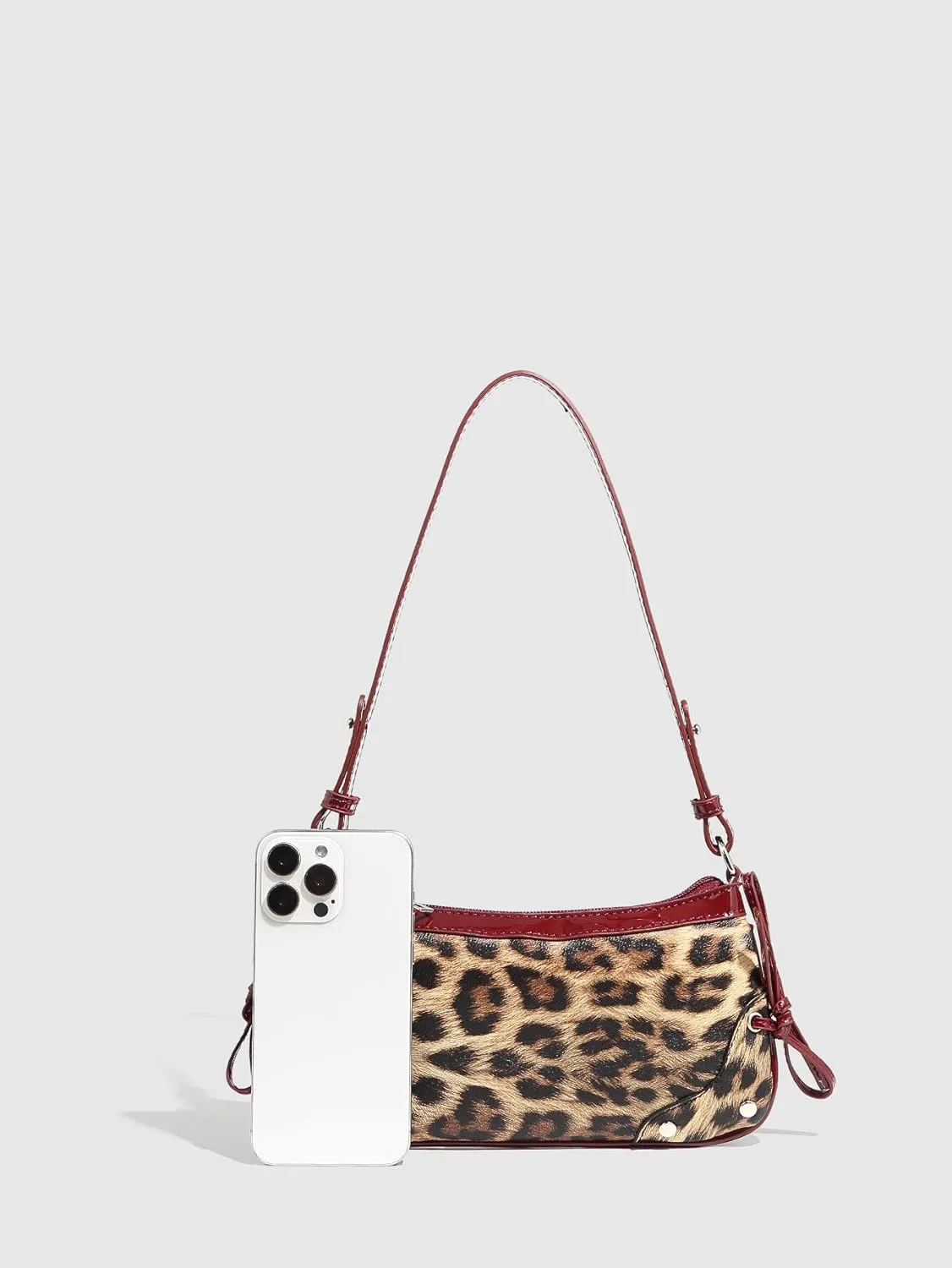 QWINEE Women's Leopard Print Studded Clutch Shoulder Bag Bow Zipper Adjustable Strap Y2k Underarm Bag