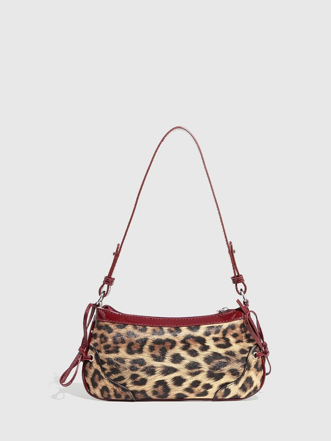 QWINEE Women's Leopard Print Studded Clutch Shoulder Bag Bow Zipper Adjustable Strap Y2k Underarm Bag
