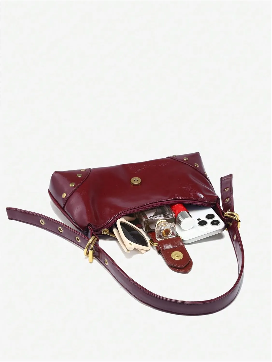 QWINEE Women's Studded Y2k Purse Rivet Hobo Purse Punk Leather Shoulder Bag with Buckle