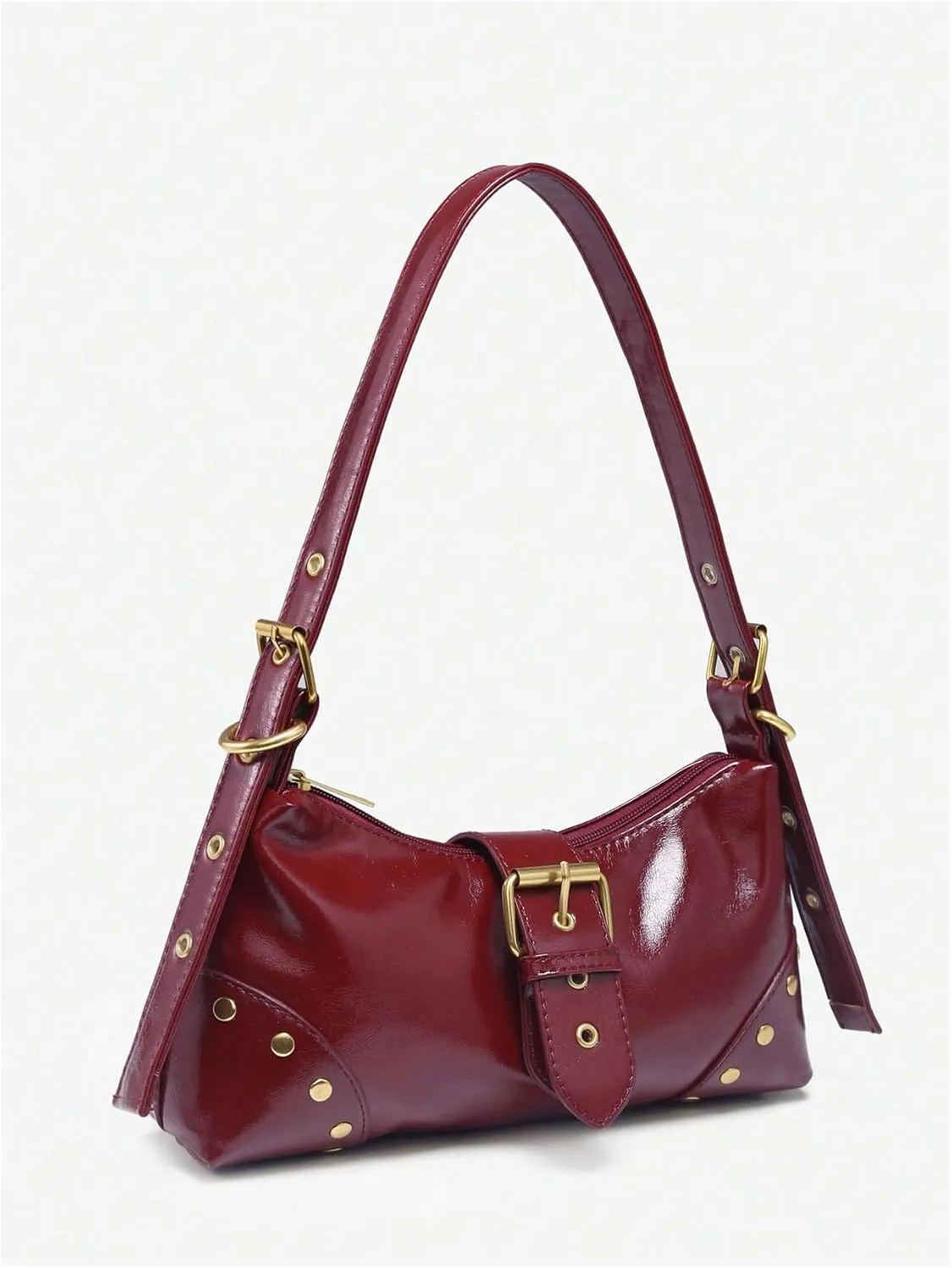 QWINEE Women's Studded Y2k Purse Rivet Hobo Purse Punk Leather Shoulder Bag with Buckle