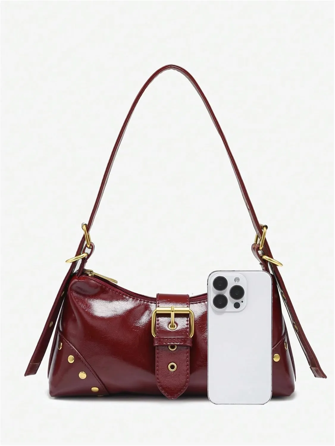 QWINEE Women's Studded Y2k Purse Rivet Hobo Purse Punk Leather Shoulder Bag with Buckle