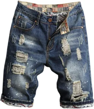 QZH.DUAO Men's Ripped Denim Shorts & Jeans Summer Casual Classic Straight Distressed Ripped Short Jeans