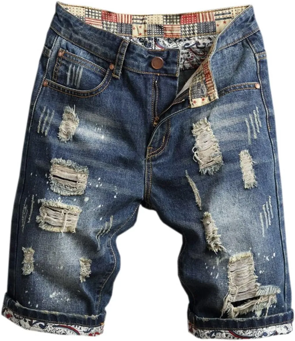 QZH.DUAO Men's Ripped Denim Shorts & Jeans Summer Casual Classic Straight Distressed Ripped Short Jeans