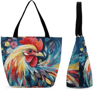 Reusable Shopping Bags for Women Large Grocery Bags Travel Tote Bags Art Colorful Chicken Shoulder Bag for Work
