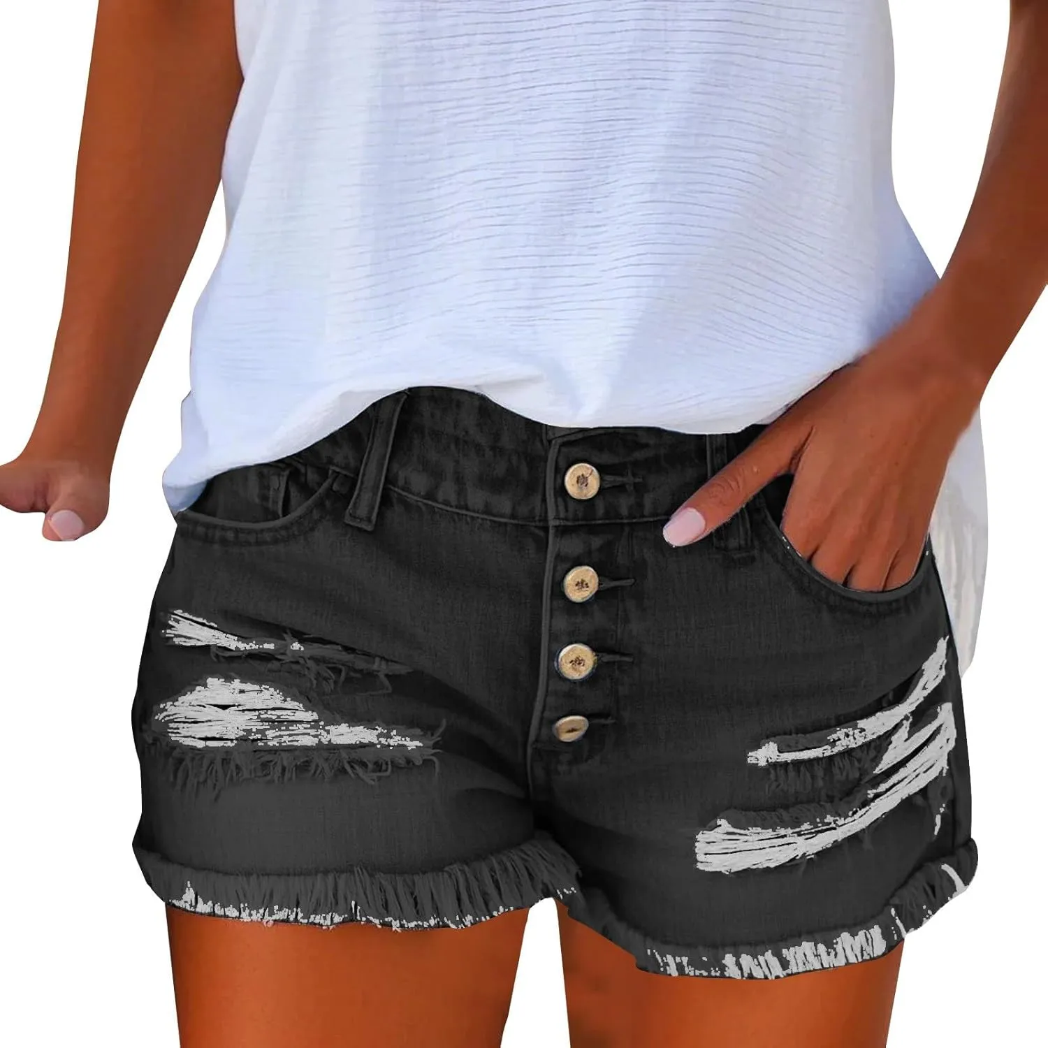 Ripped Jean Shorts Womens High Waisted Stretchy Distressed Denim Shorts Frayed Hem Cut Off Jeans Short with Pockets
