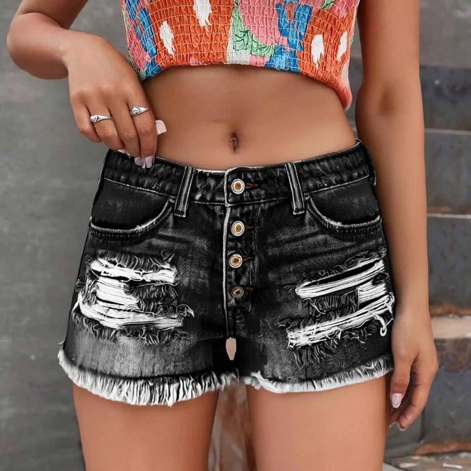 Ripped Jean Shorts Womens High Waisted Stretchy Distressed Denim Shorts Frayed Hem Cut Off Jeans Short with Pockets