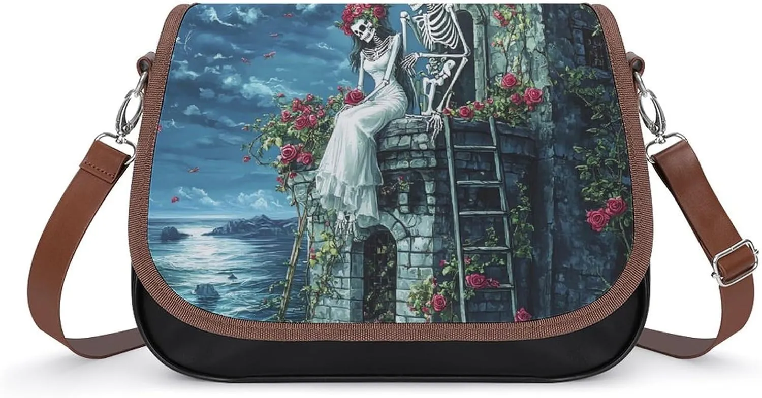 Romantic Gothic Skeleton Lovers Castle Crossbody Bags PU Leather Purses Shoulder Handbag with Adjustable Shoulder Strap