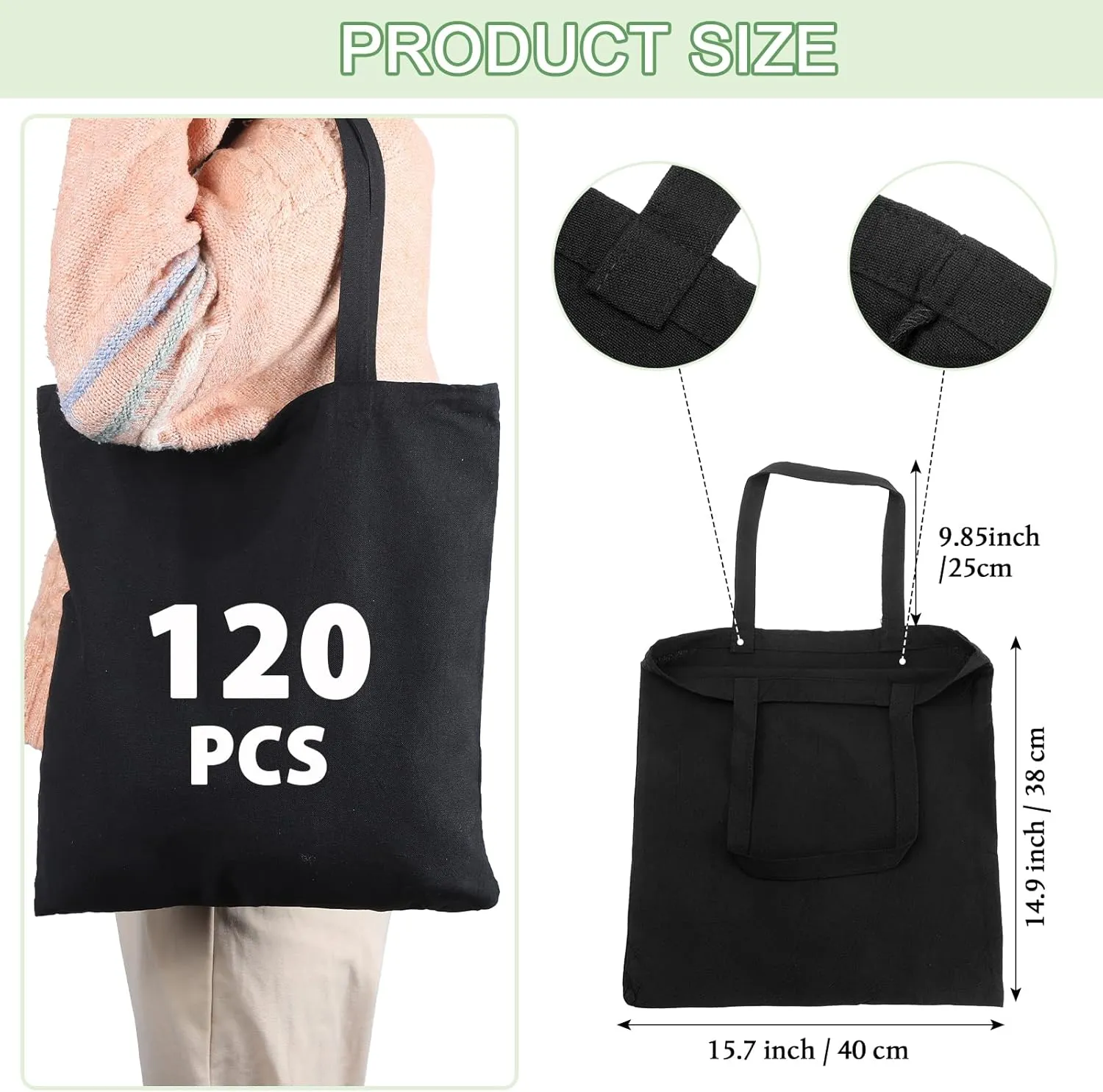 Roowest 120 Pieces Cotton Tote Bag Bulk 15 x 16 Inch Blank Shopping Cloth Bags Reusable with Long Handle for Women Men DIY(Black)