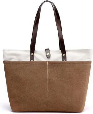 ROUROU Cotton Canvas Handbag for Women Large Capacity Tote Bag Multi Pocket Shoulder Bag Top Handle Satchel Commuter Purse