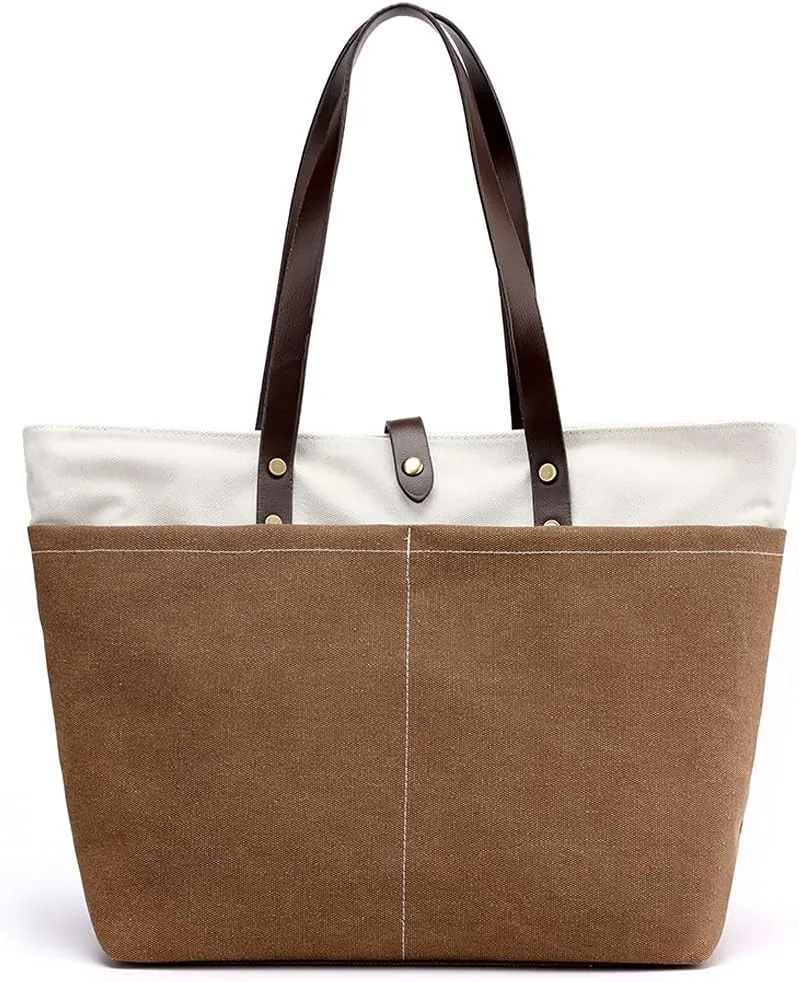 ROUROU Cotton Canvas Handbag for Women Large Capacity Tote Bag Multi Pocket Shoulder Bag Top Handle Satchel Commuter Purse