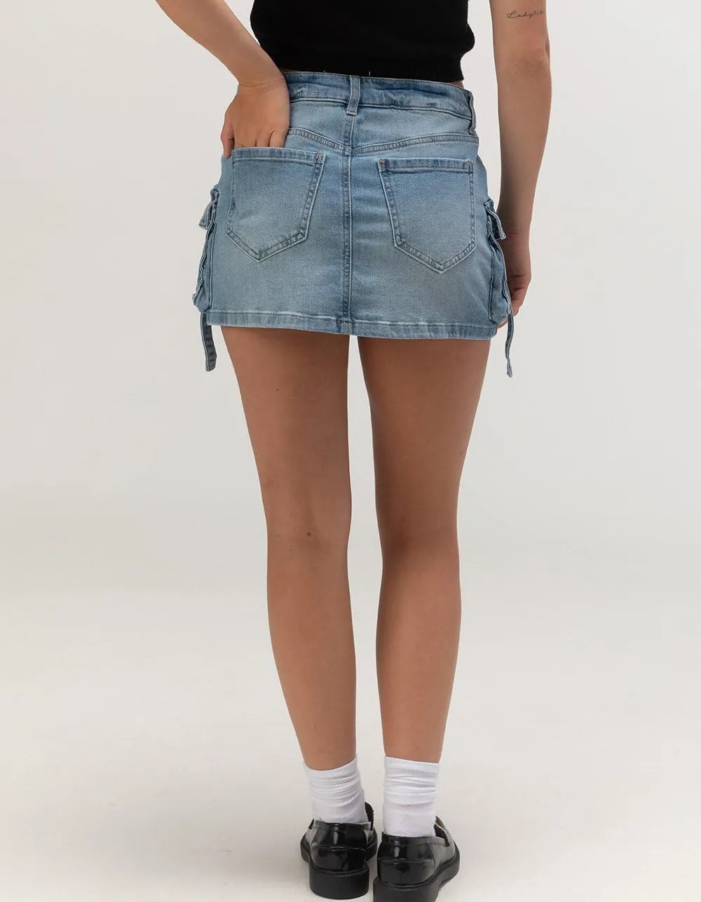 Rsq Womens Mid Rise Cargo Tab Denim Mini Skirt