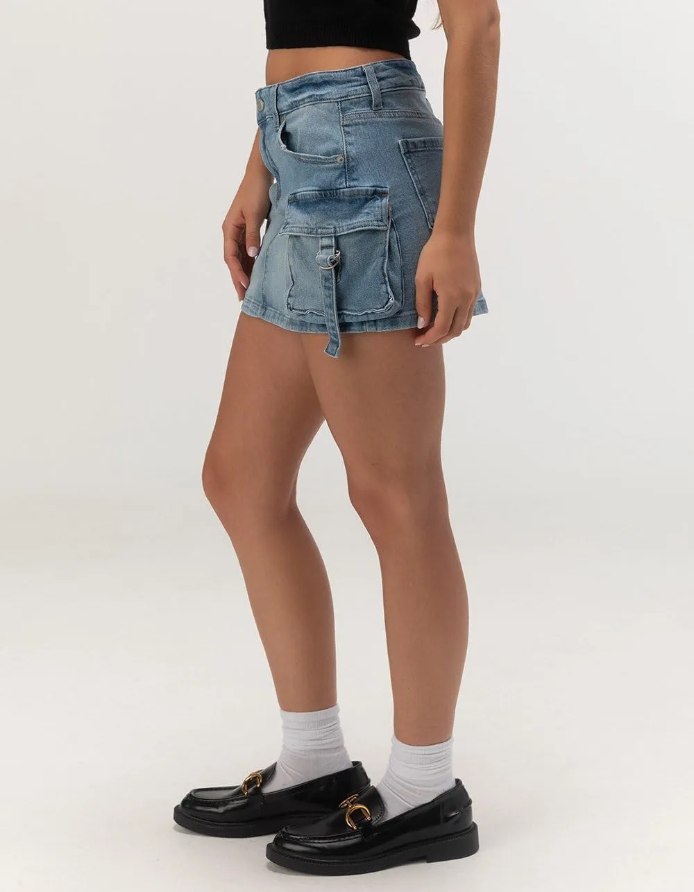 Rsq Womens Mid Rise Cargo Tab Denim Mini Skirt