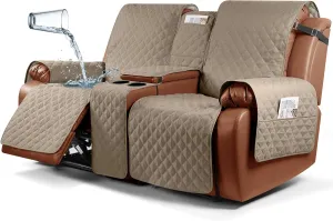 Ruaozz Waterproof Recliner Loveseat Cover with Console, Non-Slip Couch Cover Pet Cover for Double Recliner Split Sofa Cover with Elastic Straps for Kids, Dogs, Pets (Pale Brown, 2 Seater)
