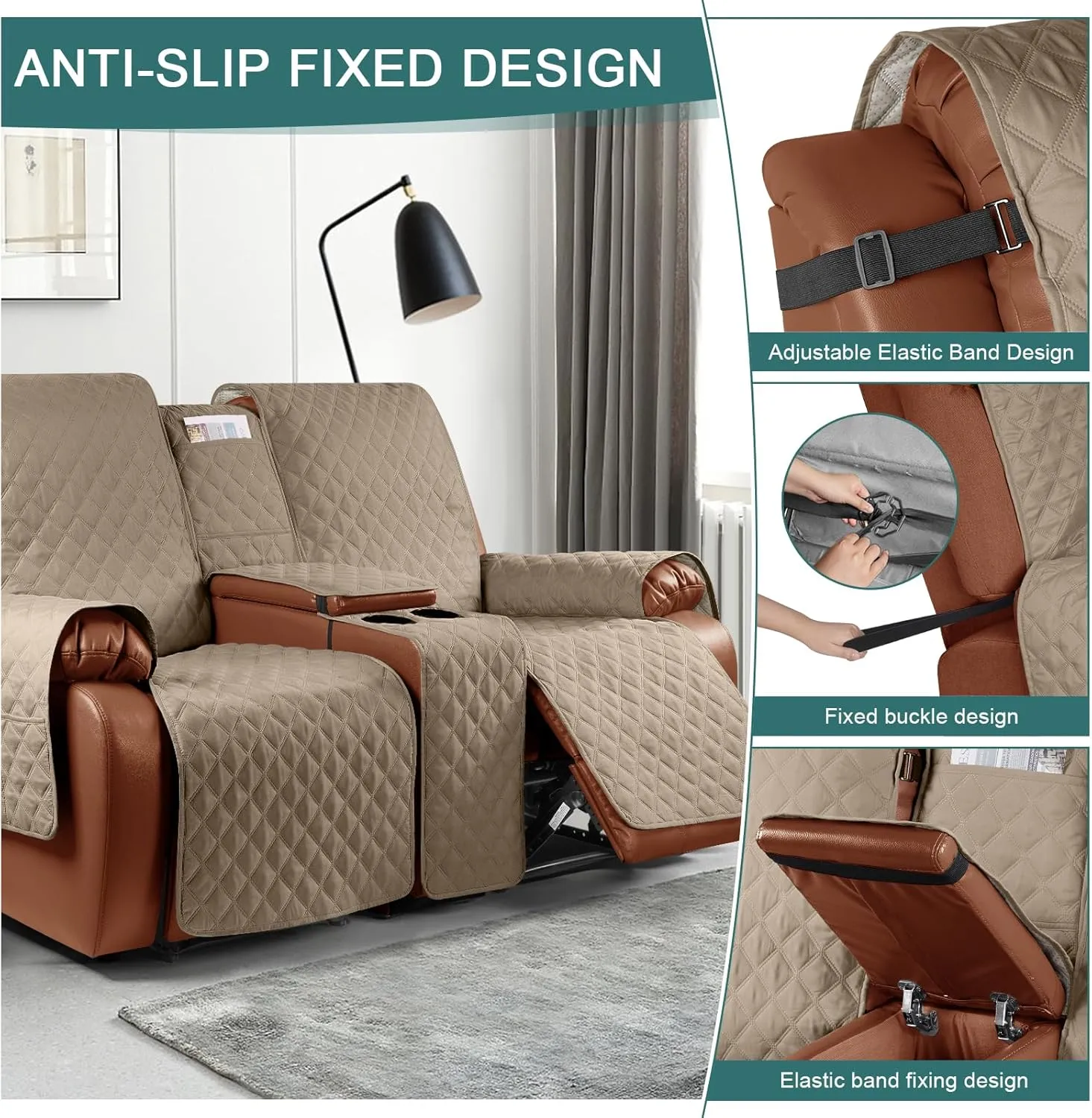 Ruaozz Waterproof Recliner Loveseat Cover with Console, Non-Slip Couch Cover Pet Cover for Double Recliner Split Sofa Cover with Elastic Straps for Kids, Dogs, Pets (Pale Brown, 2 Seater)