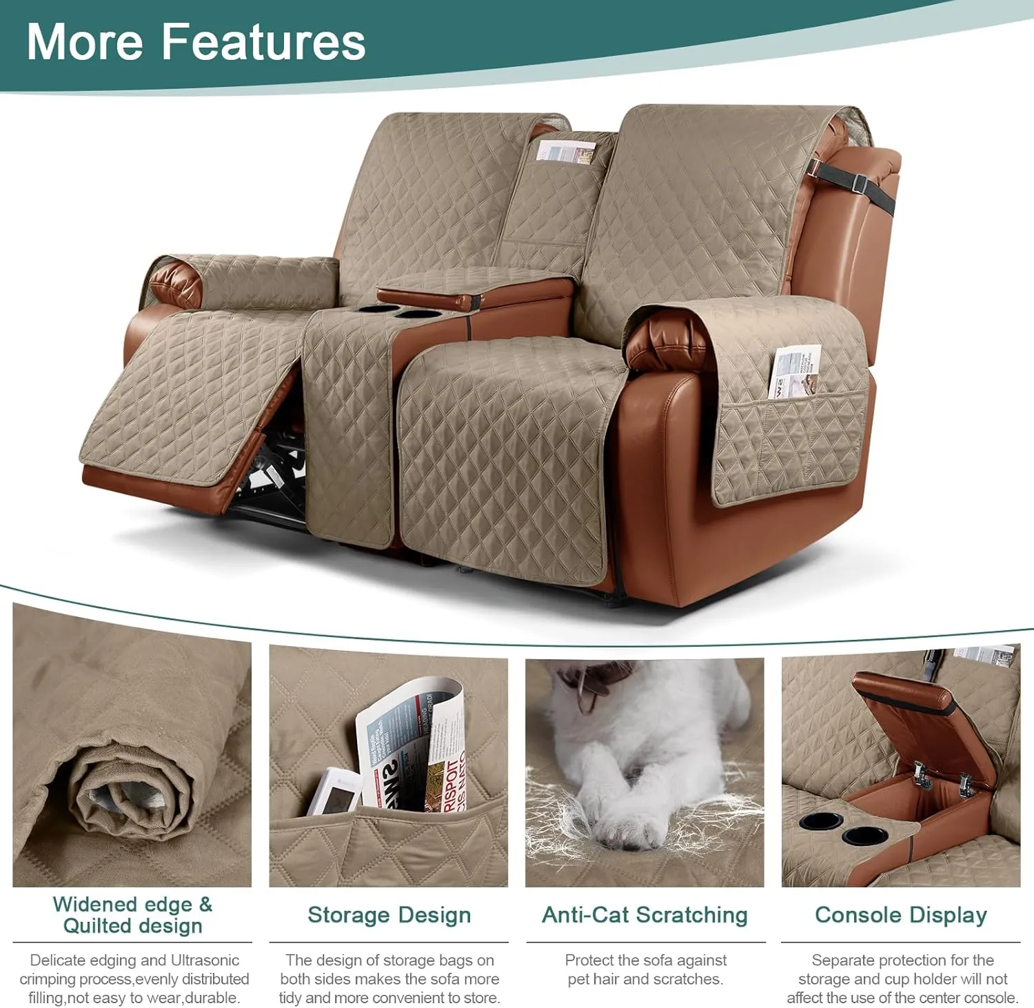Ruaozz Waterproof Recliner Loveseat Cover with Console, Non-Slip Couch Cover Pet Cover for Double Recliner Split Sofa Cover with Elastic Straps for Kids, Dogs, Pets (Pale Brown, 2 Seater)