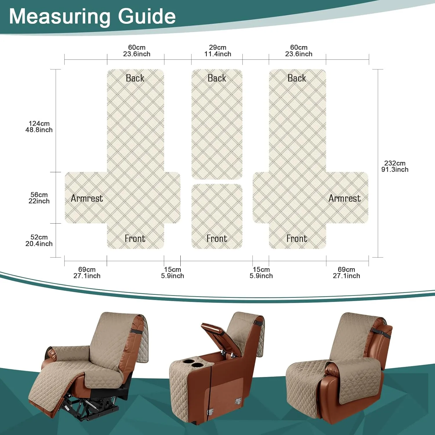 Ruaozz Waterproof Recliner Loveseat Cover with Console, Non-Slip Couch Cover Pet Cover for Double Recliner Split Sofa Cover with Elastic Straps for Kids, Dogs, Pets (Pale Brown, 2 Seater)