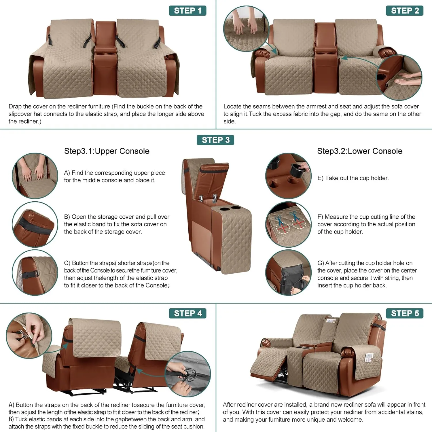 Ruaozz Waterproof Recliner Loveseat Cover with Console, Non-Slip Couch Cover Pet Cover for Double Recliner Split Sofa Cover with Elastic Straps for Kids, Dogs, Pets (Pale Brown, 2 Seater)