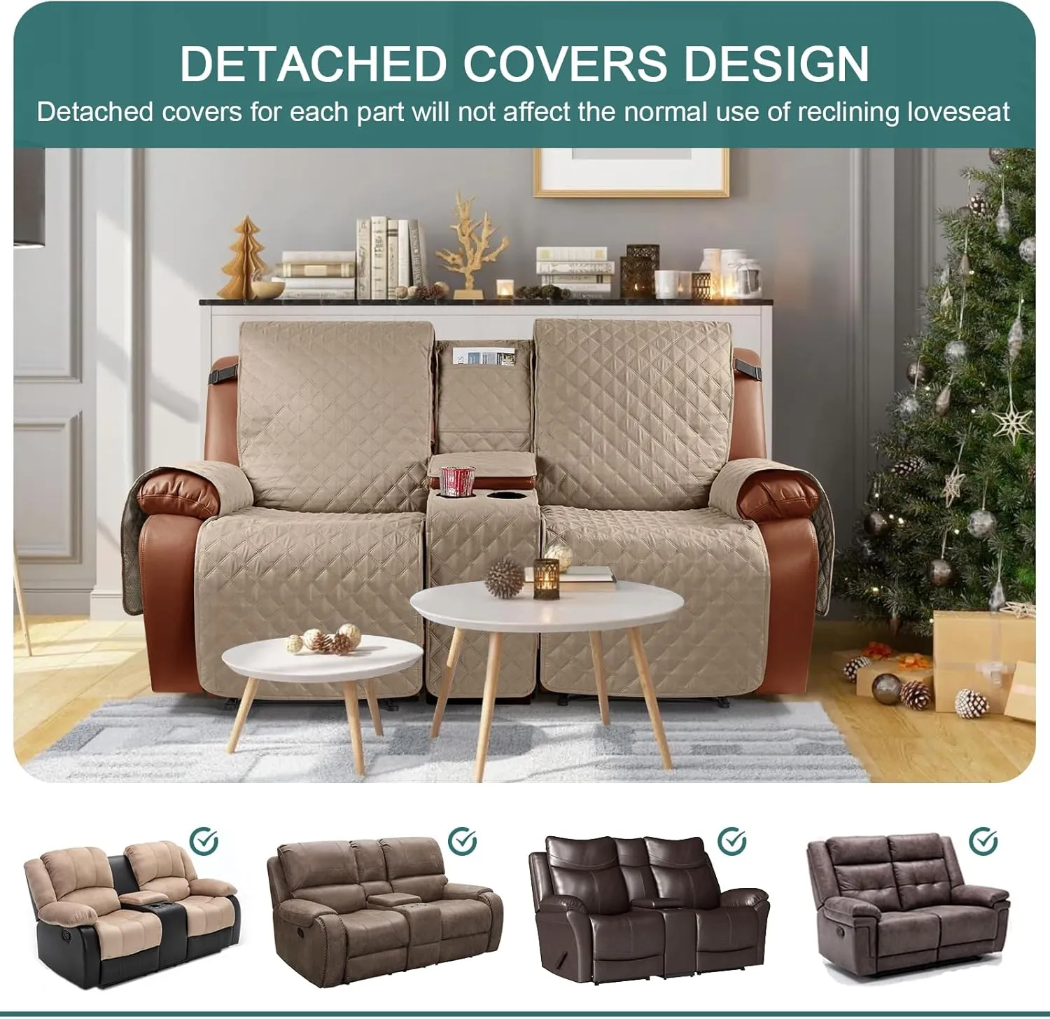 Ruaozz Waterproof Recliner Loveseat Cover with Console, Non-Slip Couch Cover Pet Cover for Double Recliner Split Sofa Cover with Elastic Straps for Kids, Dogs, Pets (Pale Brown, 2 Seater)