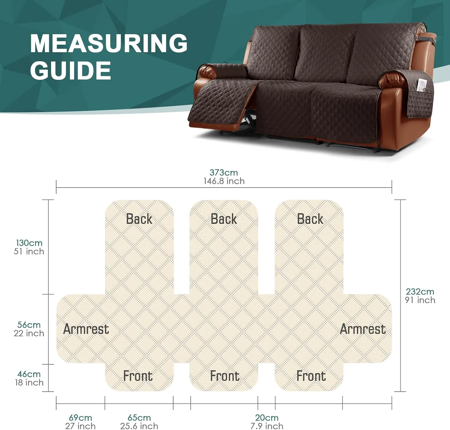 Ruaozz Waterproof Recliner Sofa Cover 1-Piece Couch Covers for Reclining Couches Reclining Sofa Cover Washable Furniture Protector with Elastic Straps Pocket for Kids, Pets (Chocolate, 3 Seater)
