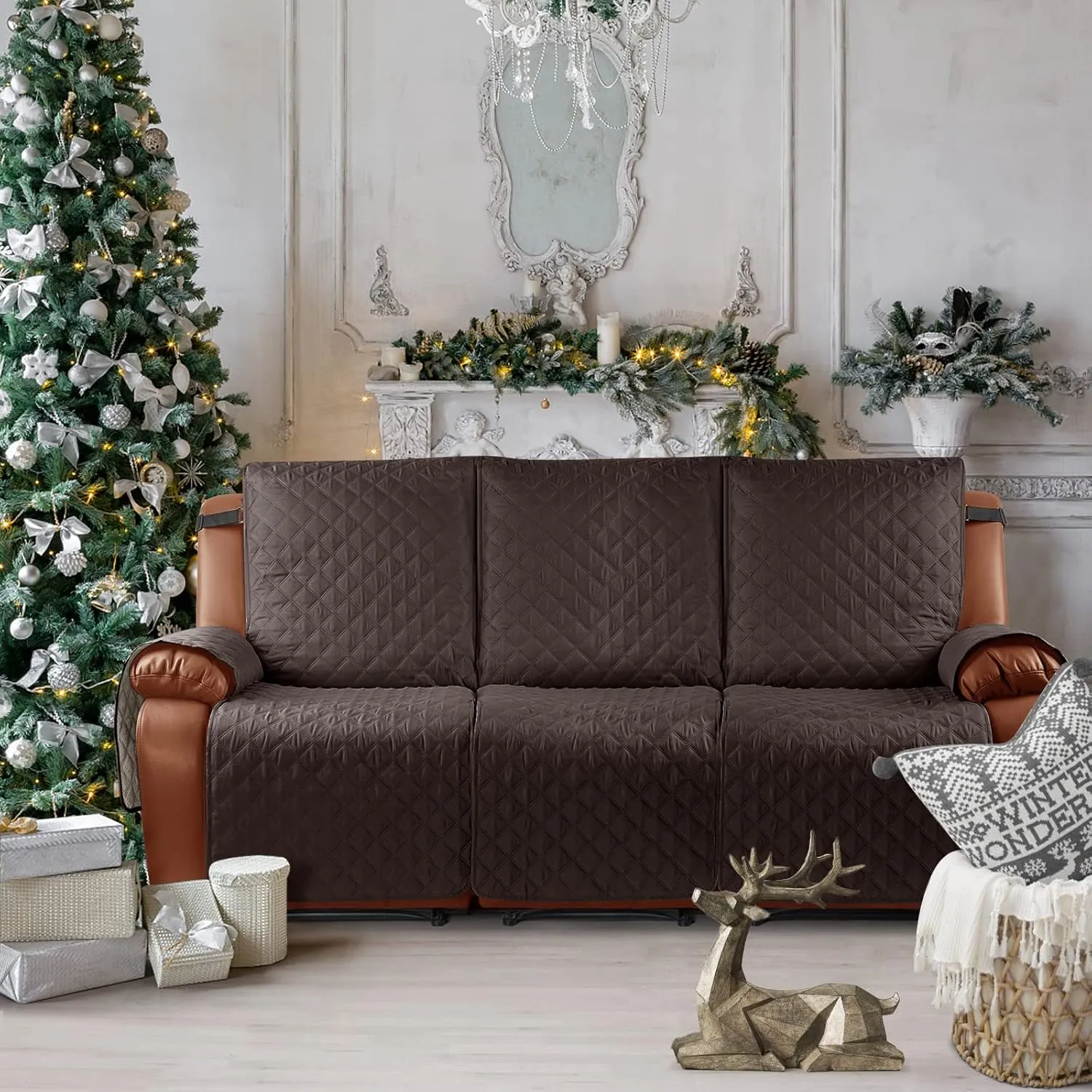 Ruaozz Waterproof Recliner Sofa Cover 1-Piece Couch Covers for Reclining Couches Reclining Sofa Cover Washable Furniture Protector with Elastic Straps Pocket for Kids, Pets (Chocolate, 3 Seater)