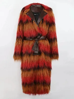Ruby Colorful Thick Warm Faux Fur Trench Coat for Women with Leather Belt
