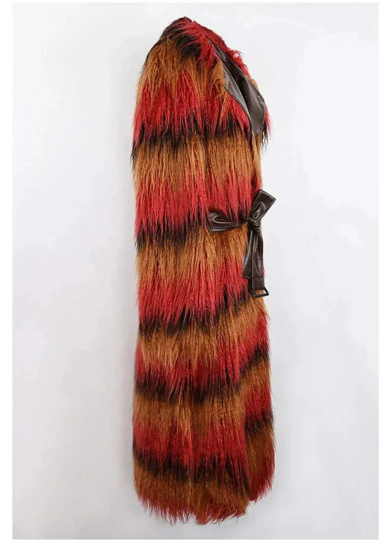 Ruby Colorful Thick Warm Faux Fur Trench Coat for Women with Leather Belt